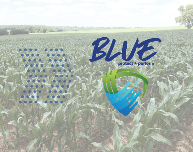 BLUE protect + perform logo over cornfield