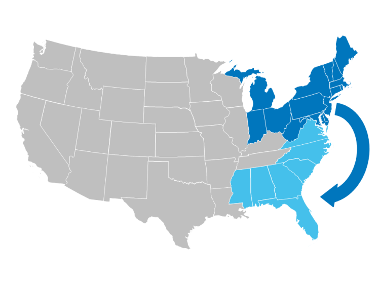 USA map showing expansion of TIMAC AGRO's presence form Northeast to Southeast