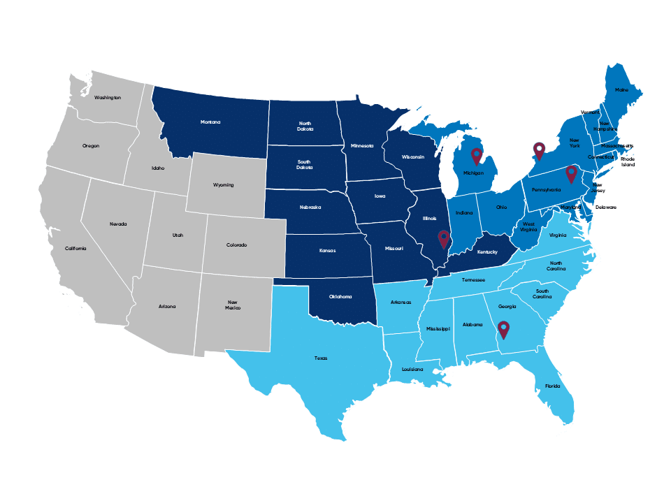 USA map with TIMAC AGRO commercial zones division and manufacturing locations