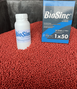 Image of soybean seeds treated with BioSinc.
